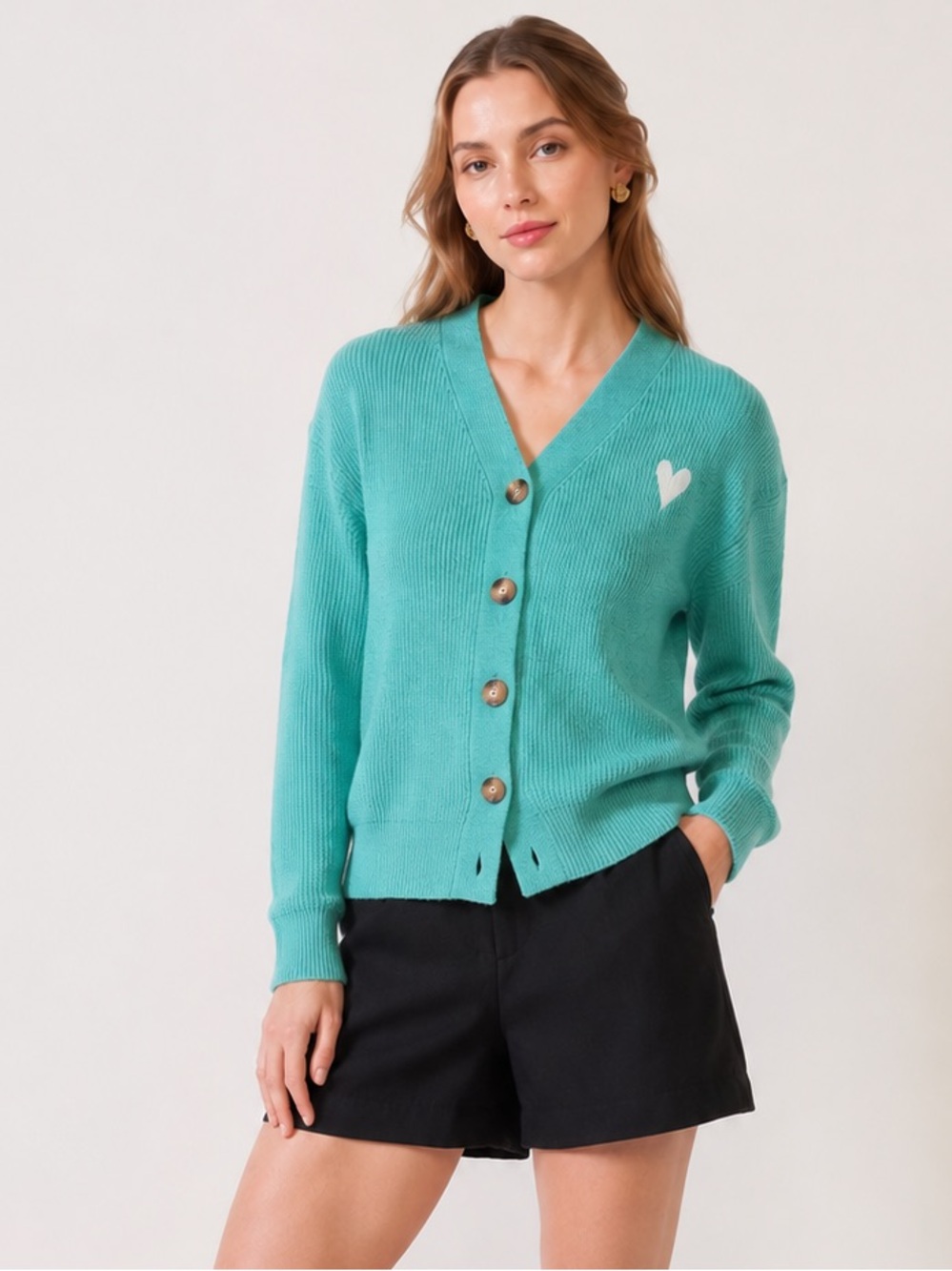 a new day Mint Green V-Neck Button Cardigan with White Heart